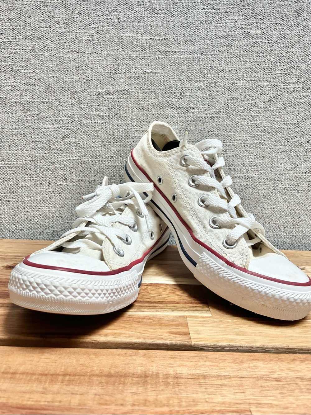 Converse Classic White Low-Top Canvas Sneakers with Red & Navy Trim